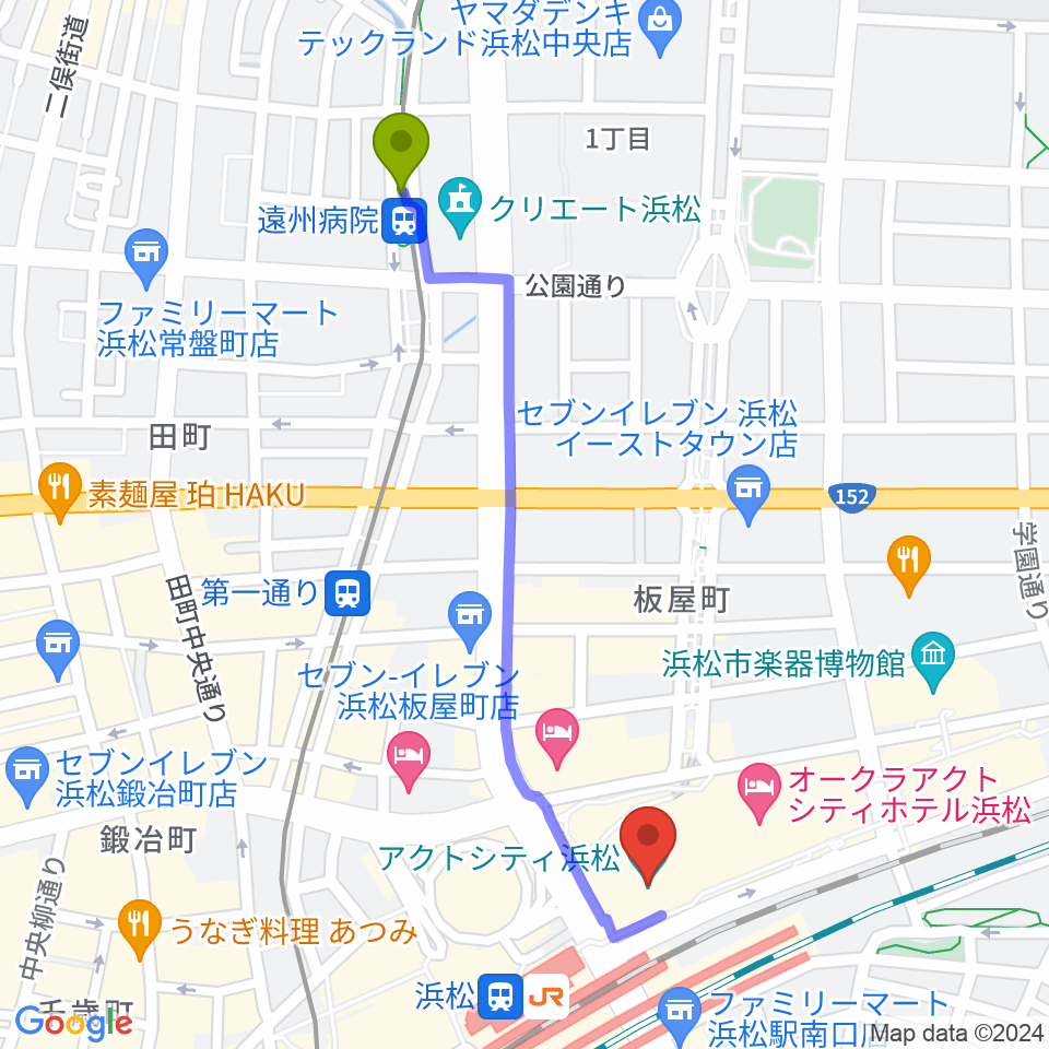 遠州病院駅からアクトシティ浜松へのルートマップ地図