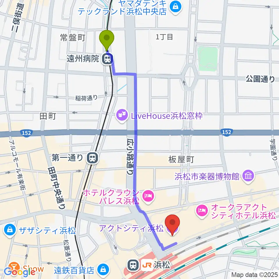 遠州病院駅からアクトシティ浜松へのルートマップ地図