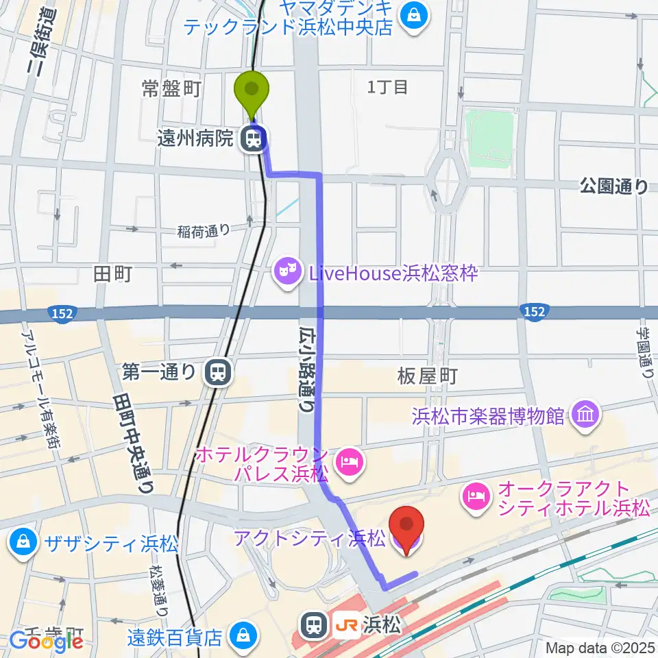 遠州病院駅からアクトシティ浜松へのルートマップ地図