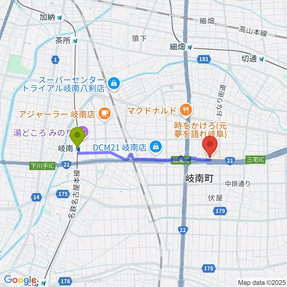 岐南駅から岐阜CLUB ROOTSへのルートマップ地図