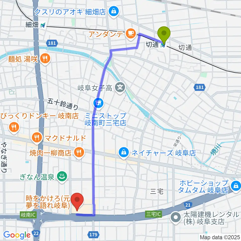 岐阜CLUB ROOTSの最寄駅切通駅からの徒歩ルート（約24分）地図