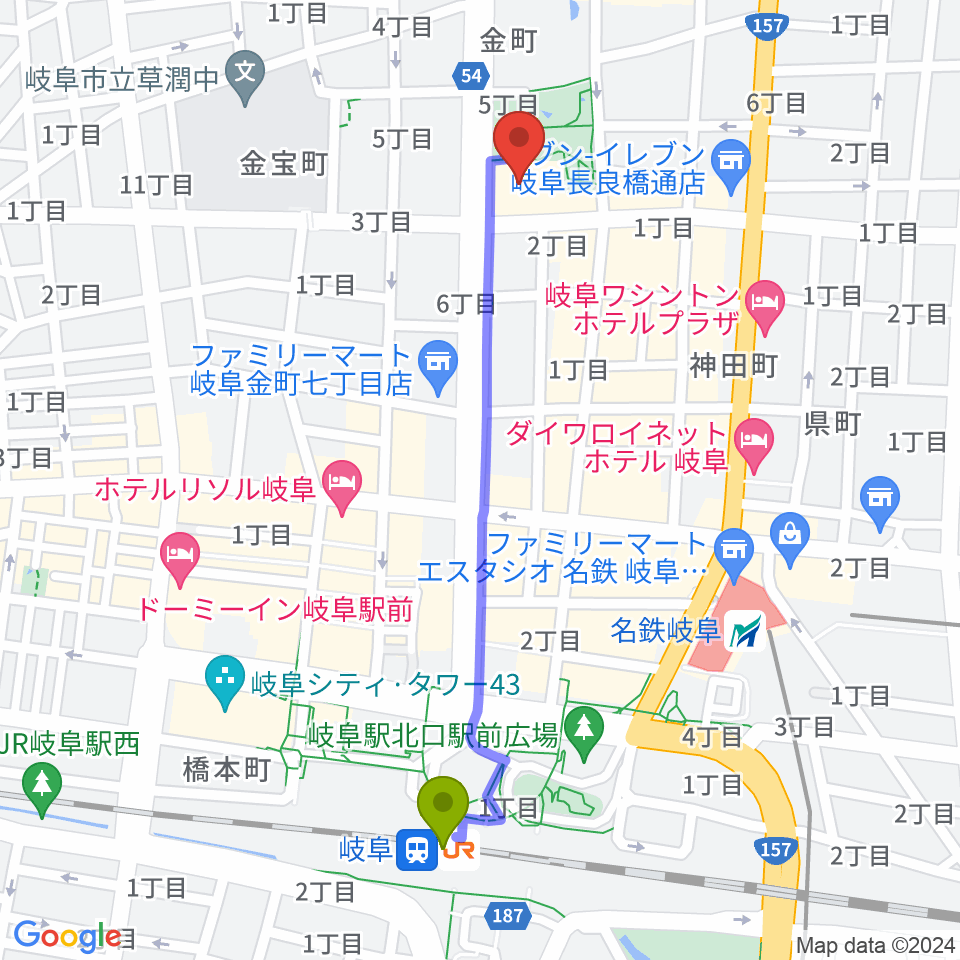 岐阜駅から岐阜市文化センターへのルートマップ地図