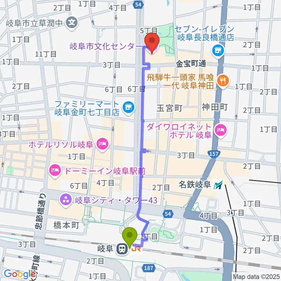 岐阜駅から岐阜市文化センターへのルートマップ地図