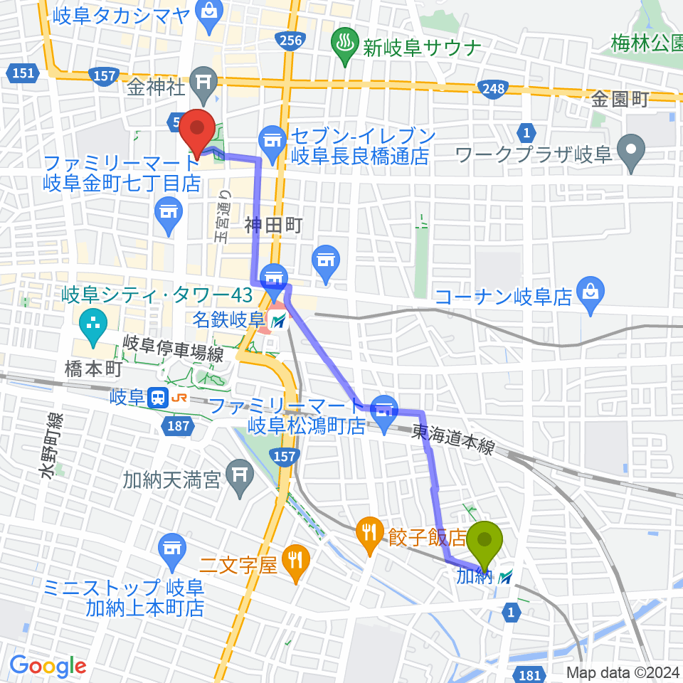 加納駅から岐阜市文化センターへのルートマップ地図
