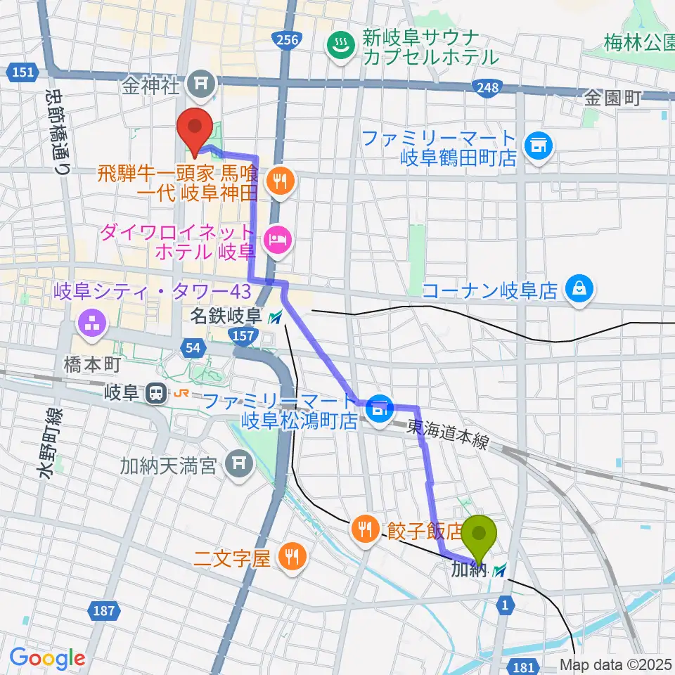 加納駅から岐阜市文化センターへのルートマップ地図