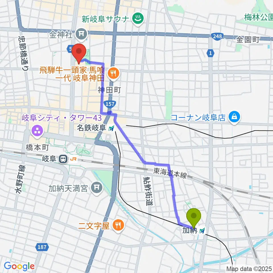 加納駅から岐阜市文化センターへのルートマップ地図