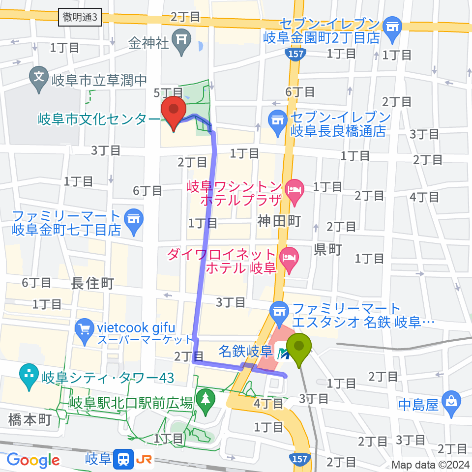 岐阜市文化センターの最寄駅名鉄岐阜駅からの徒歩ルート（約9分）地図