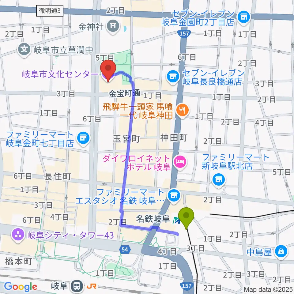 岐阜市文化センターの最寄駅名鉄岐阜駅からの徒歩ルート（約9分）地図