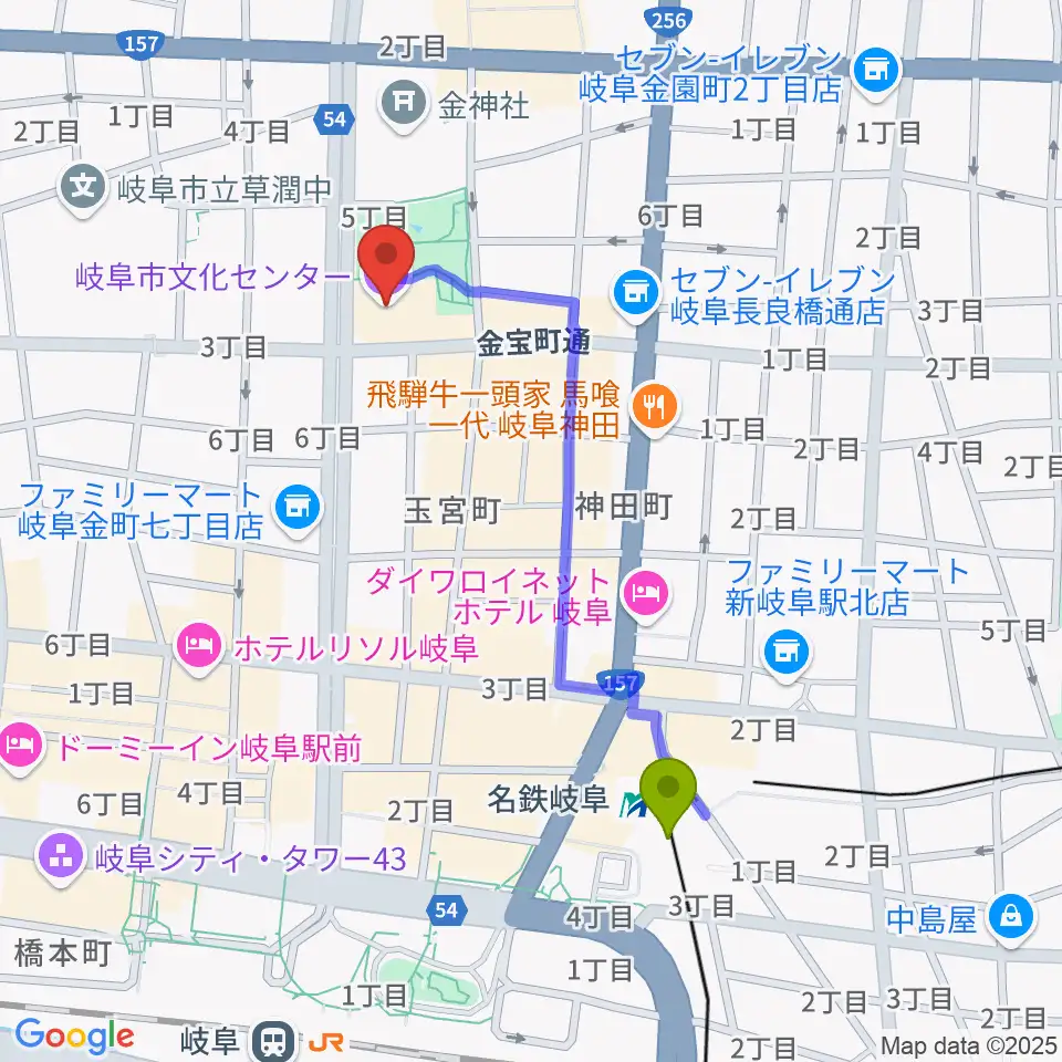 岐阜市文化センターの最寄駅名鉄岐阜駅からの徒歩ルート（約9分）地図