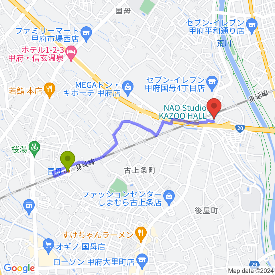 国母駅から甲府カズーホールへのルートマップ地図