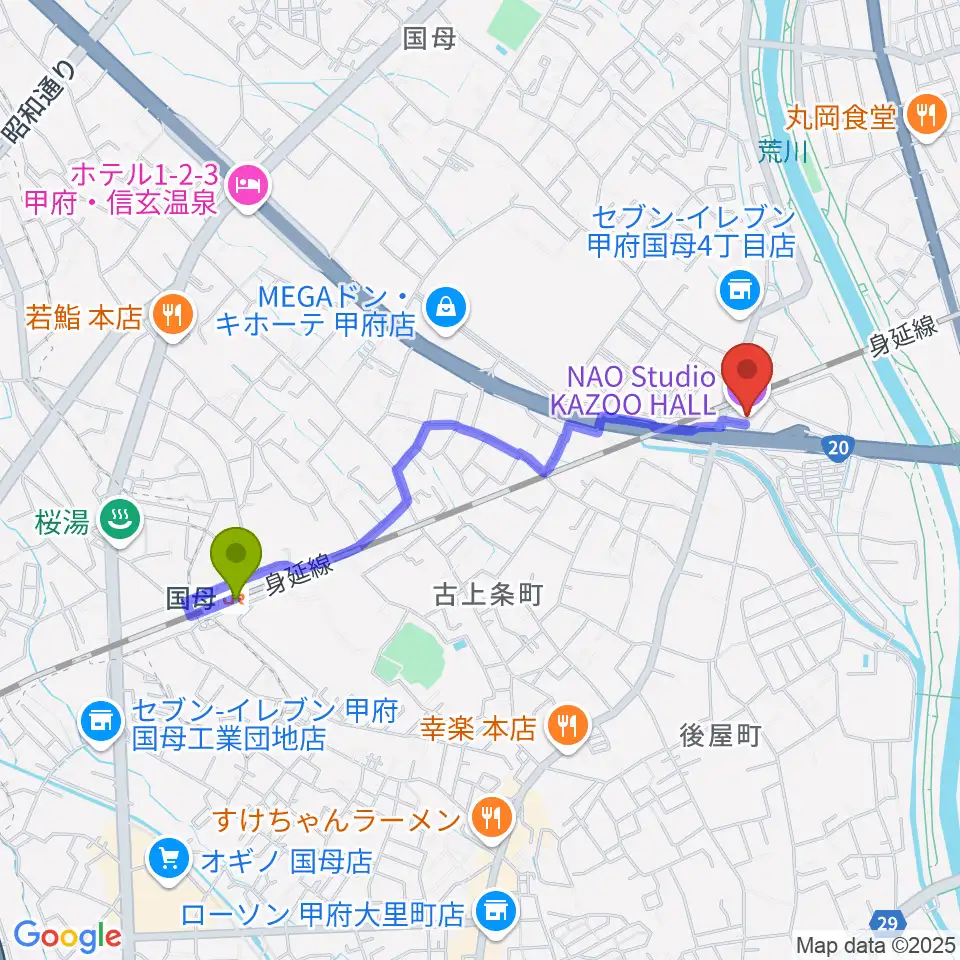 国母駅から甲府カズーホールへのルートマップ地図