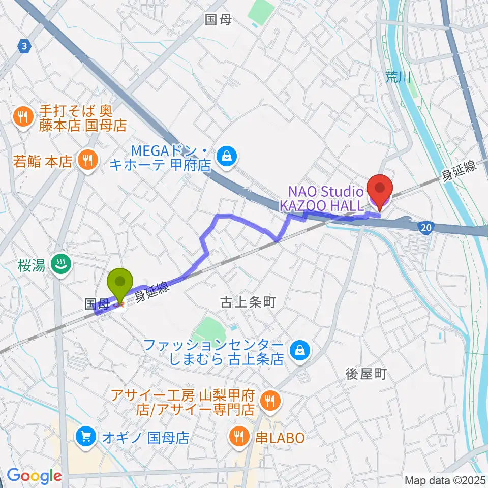 国母駅から甲府カズーホールへのルートマップ地図