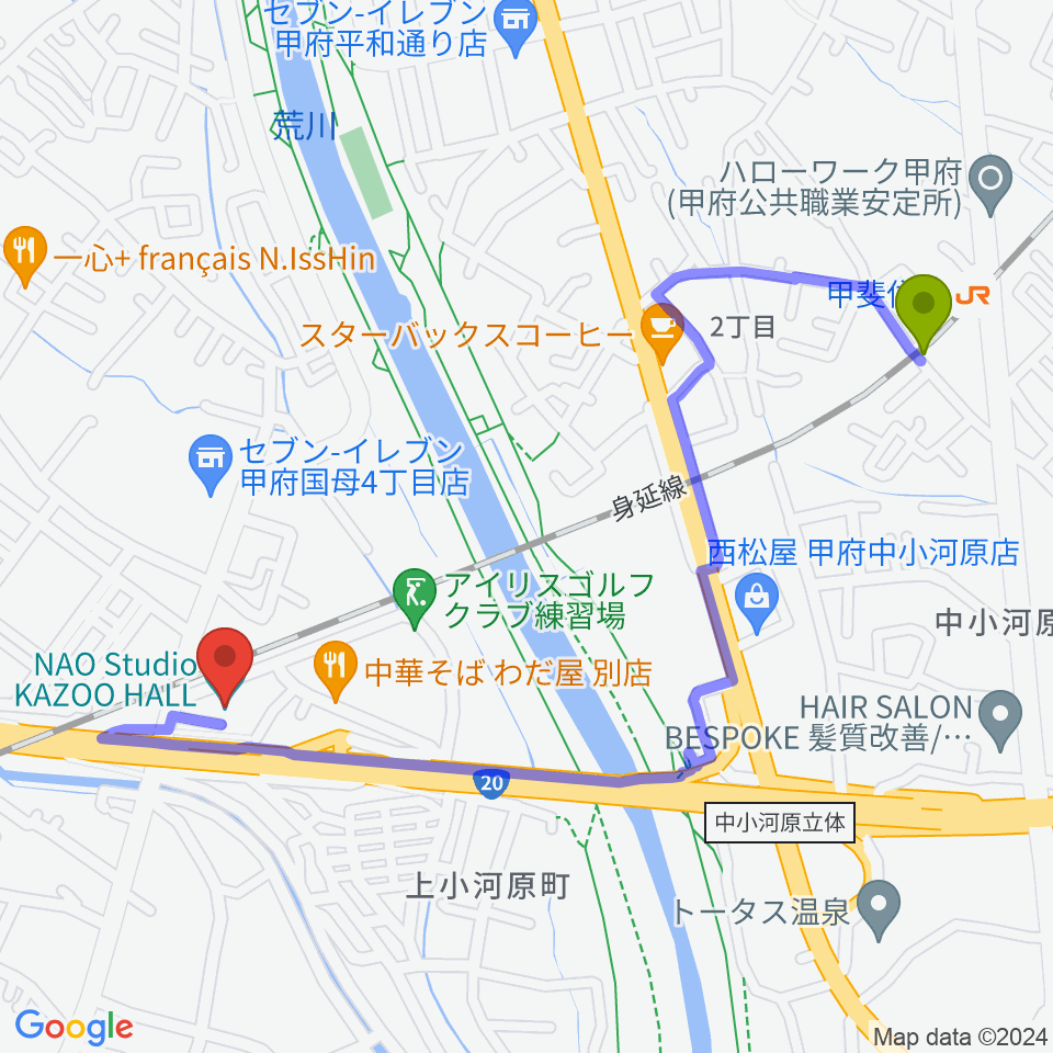 甲府カズーホールの最寄駅甲斐住吉駅からの徒歩ルート（約12分）地図
