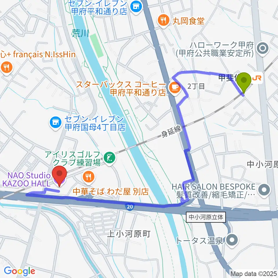 甲府カズーホールの最寄駅甲斐住吉駅からの徒歩ルート（約12分）地図