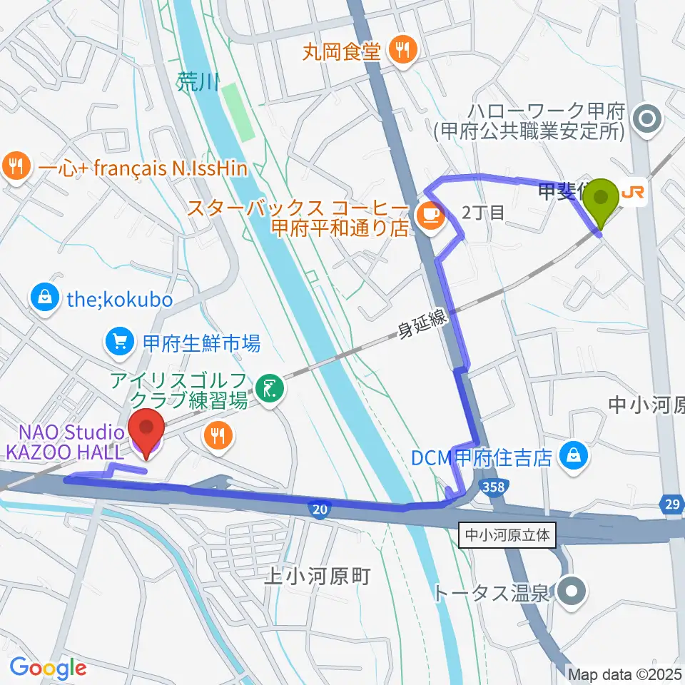 甲府カズーホールの最寄駅甲斐住吉駅からの徒歩ルート（約12分）地図