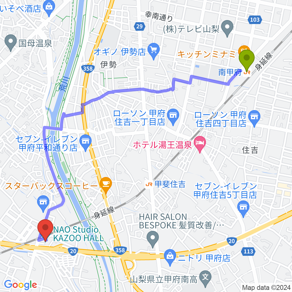 南甲府駅から甲府カズーホールへのルートマップ地図
