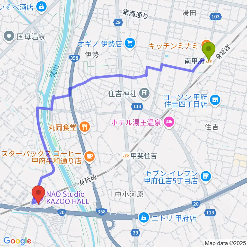 南甲府駅から甲府カズーホールへのルートマップ地図