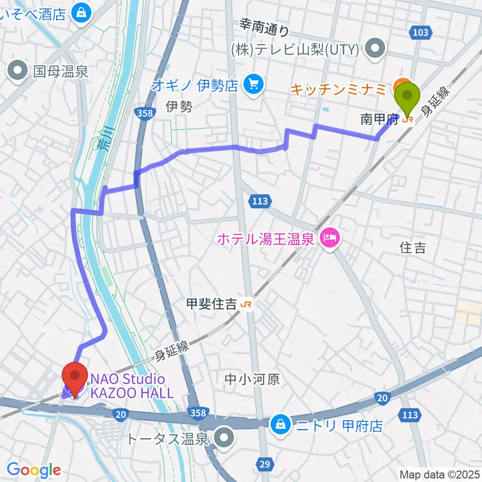 南甲府駅から甲府カズーホールへのルートマップ地図