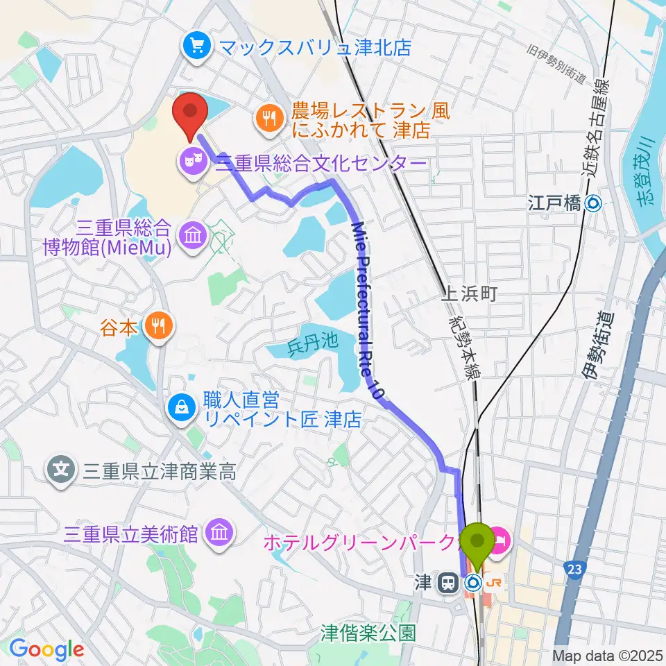 津駅から三重県文化会館へのルートマップ地図