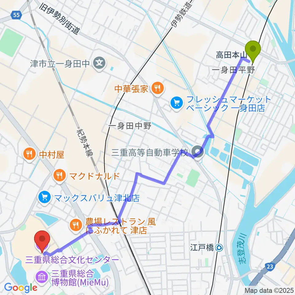 高田本山駅から三重県文化会館へのルートマップ地図