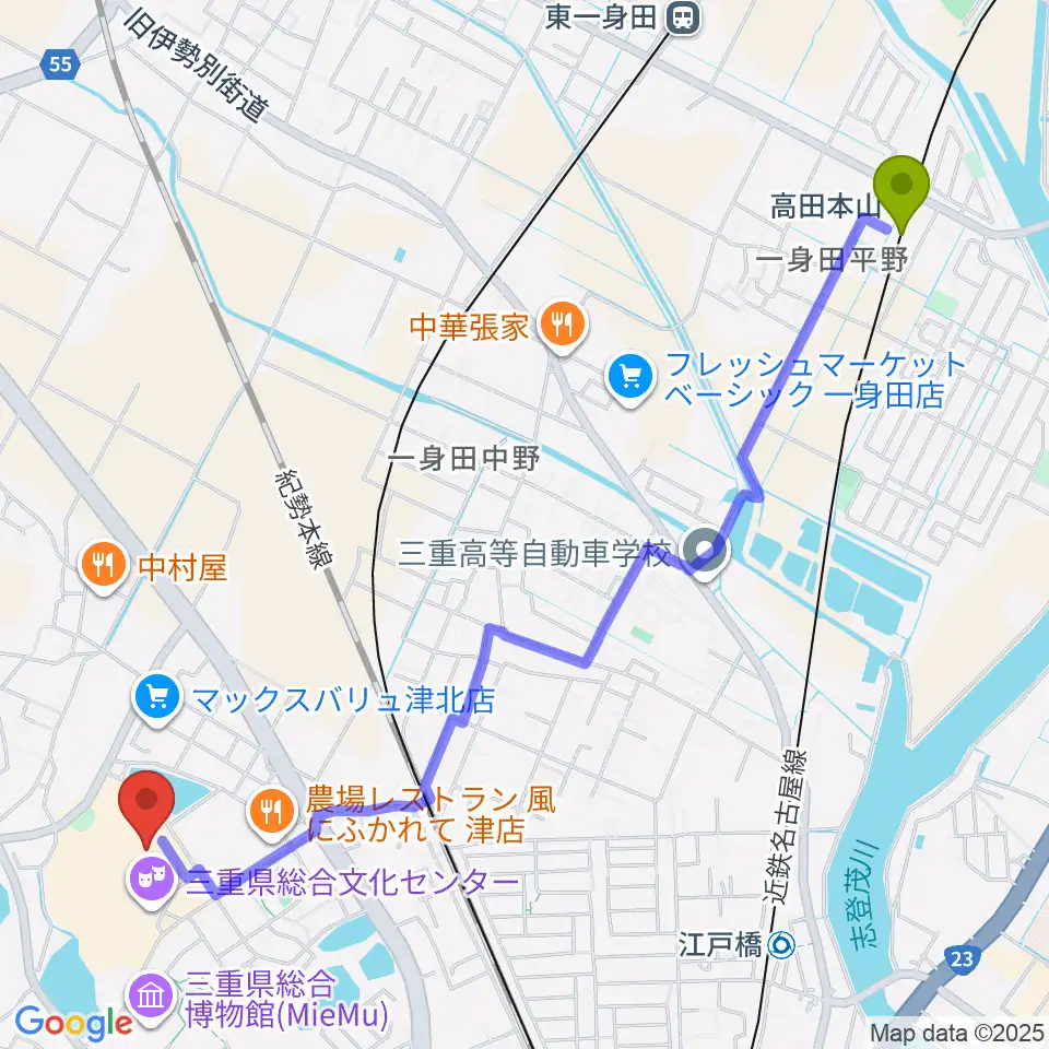 高田本山駅から三重県文化会館へのルートマップ地図