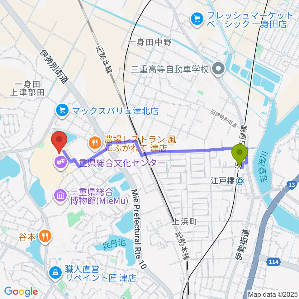 三重県文化会館の最寄駅江戸橋駅からの徒歩ルート（約19分）地図