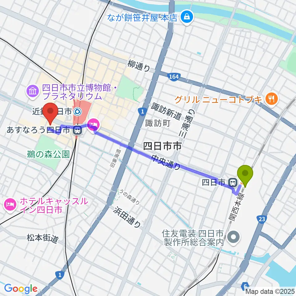 四日市駅から四日市CLUB CHAOSへのルートマップ地図