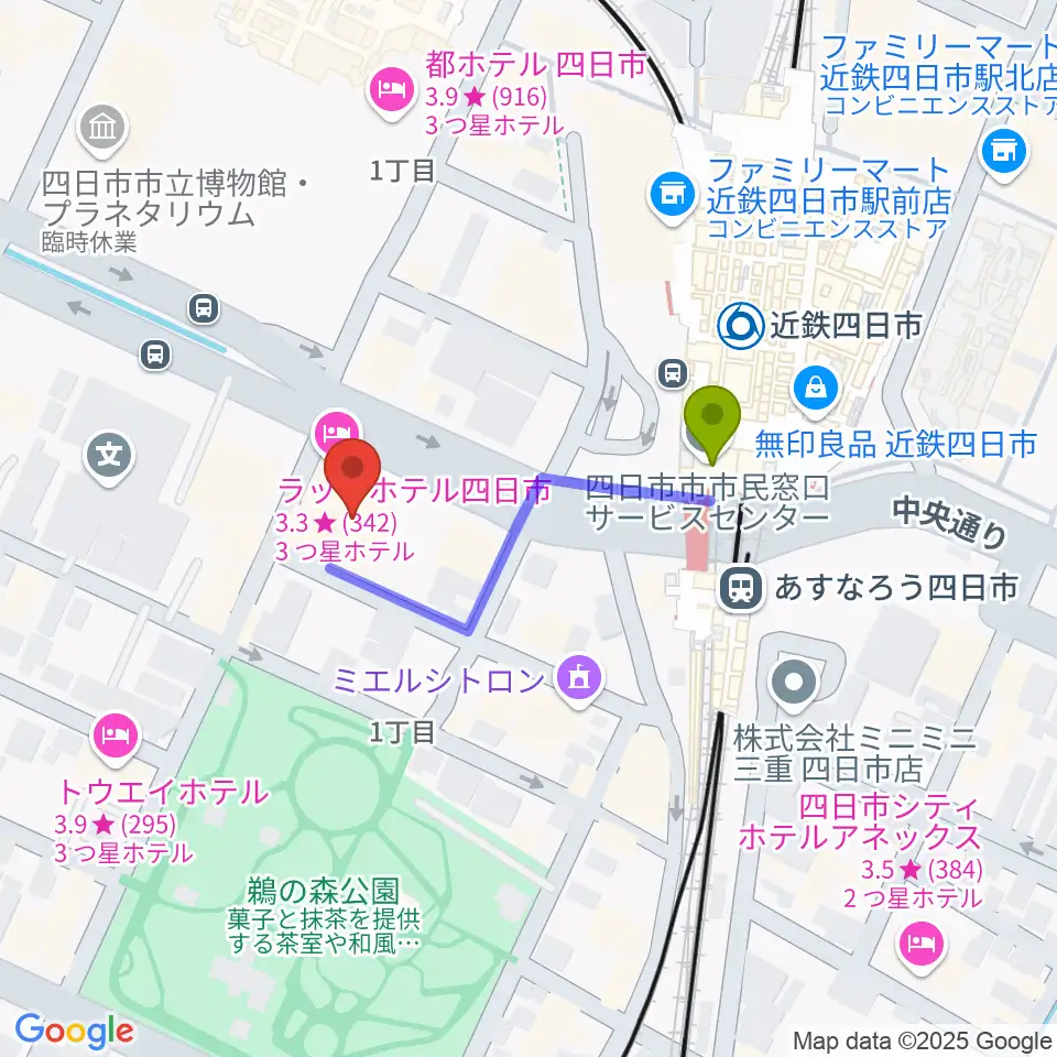 四日市CLUB CHAOSの最寄駅近鉄四日市駅からの徒歩ルート（約3分）地図