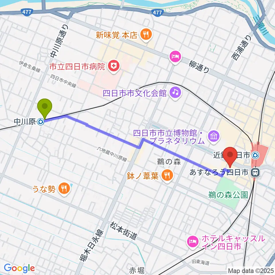 中川原駅から四日市CLUB CHAOSへのルートマップ地図