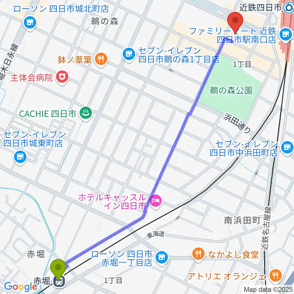 赤堀駅から四日市CLUB CHAOSへのルートマップ地図