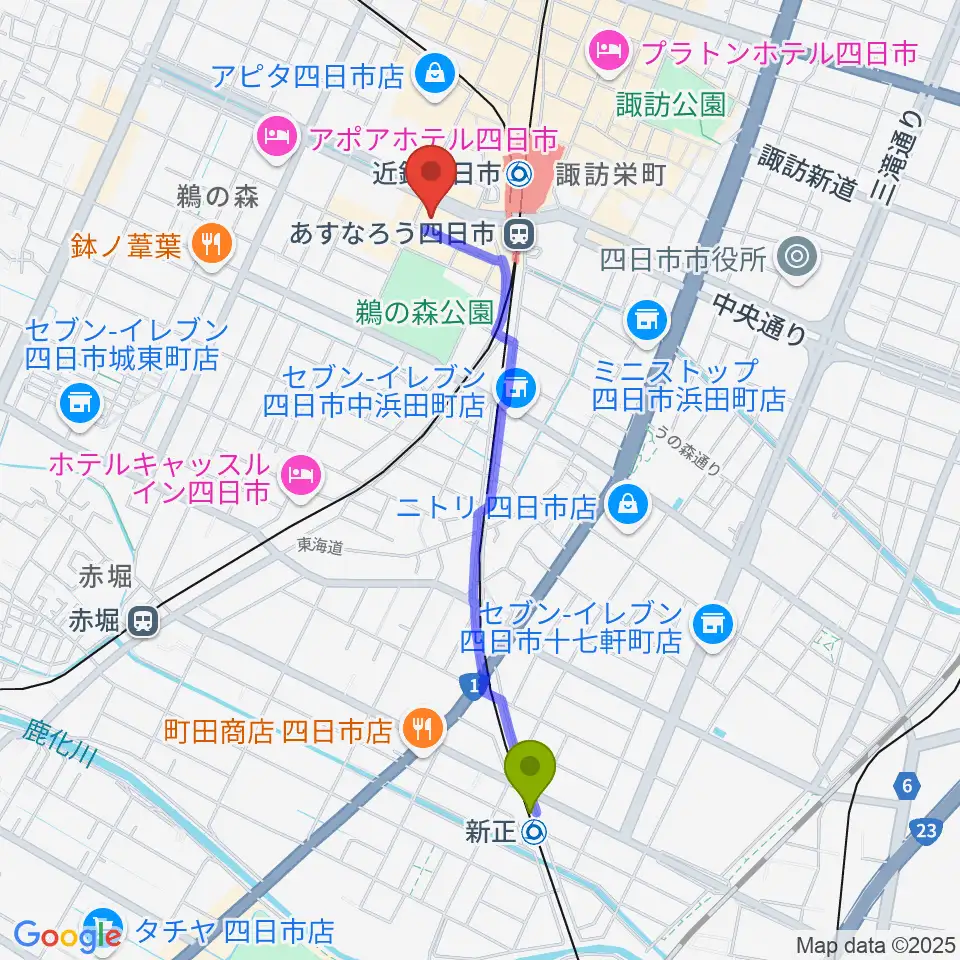 新正駅から四日市CLUB CHAOSへのルートマップ地図