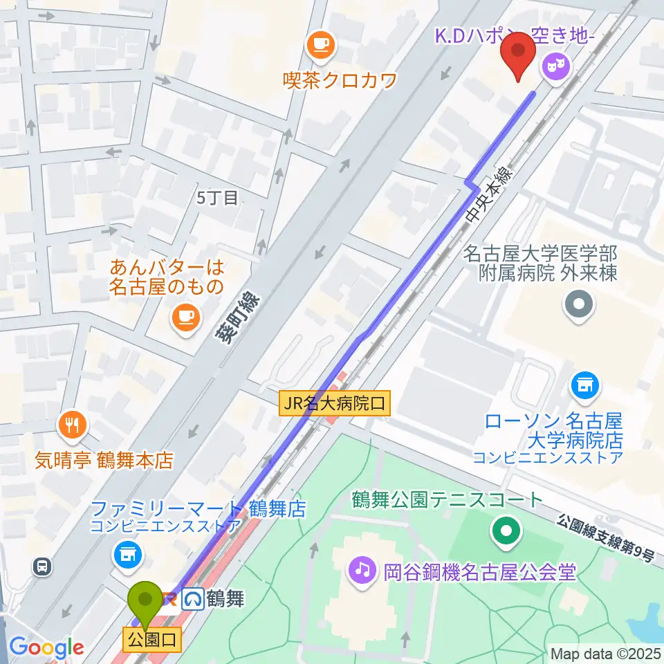 鶴舞DAYTRIPの最寄駅鶴舞駅からの徒歩ルート（約8分）地図