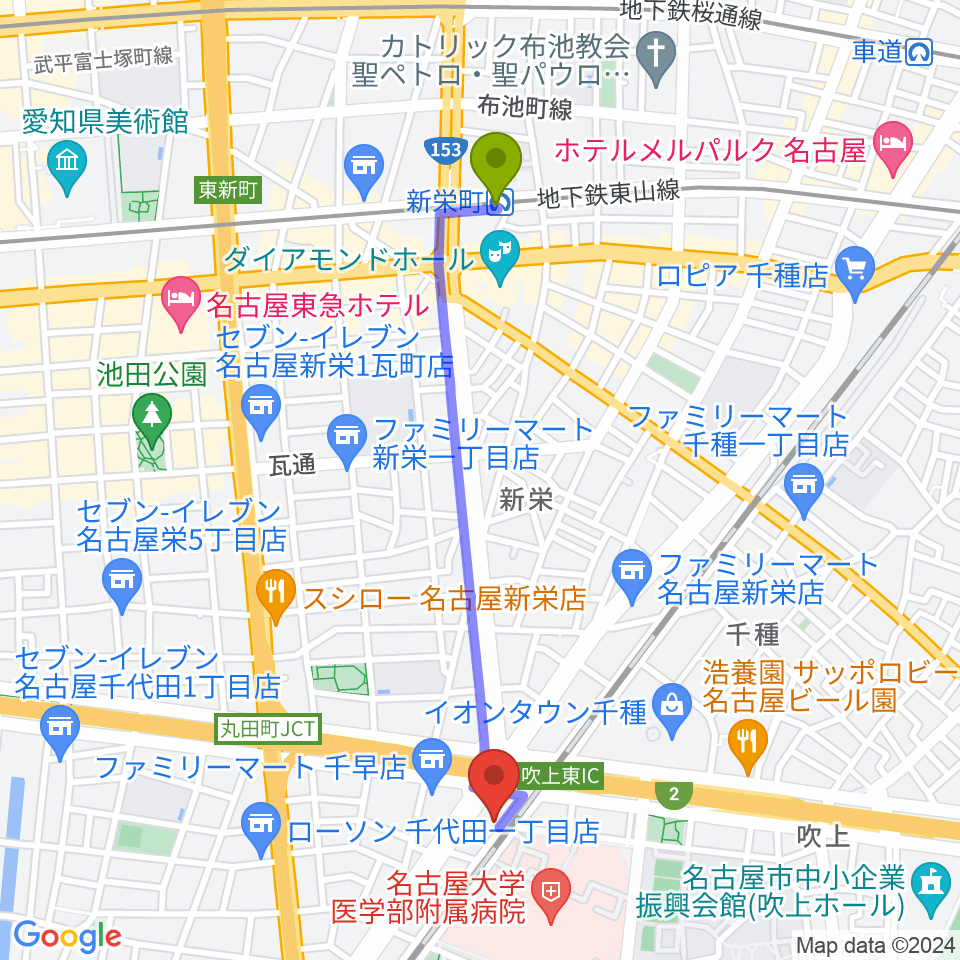 新栄町駅から鶴舞DAYTRIPへのルートマップ地図