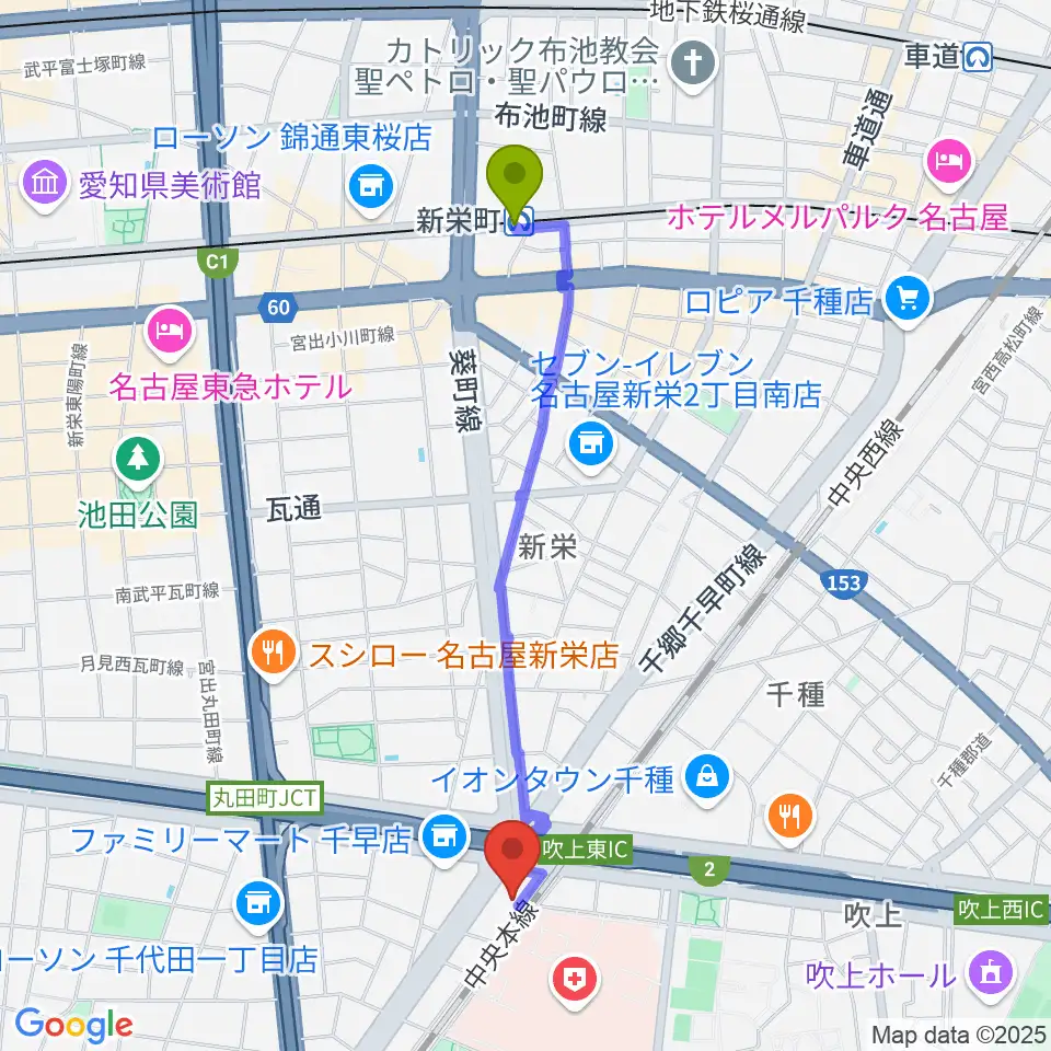 新栄町駅から鶴舞DAYTRIPへのルートマップ地図