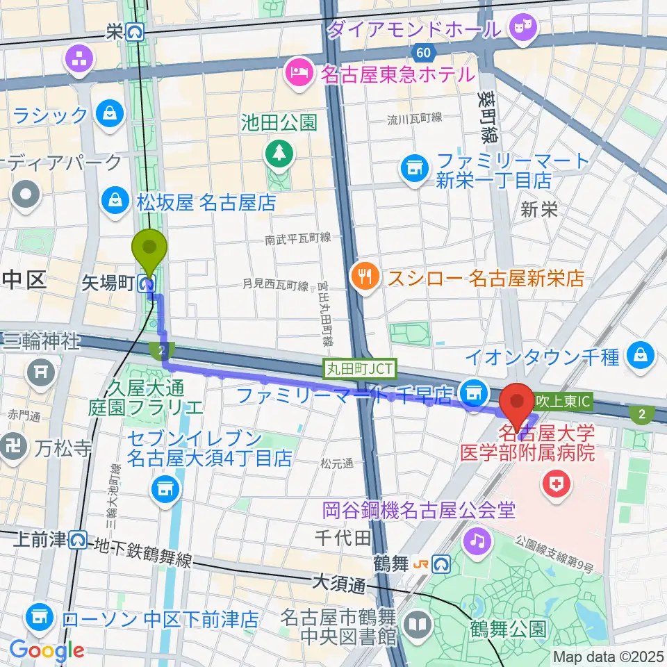 矢場町駅から鶴舞DAYTRIPへのルートマップ地図