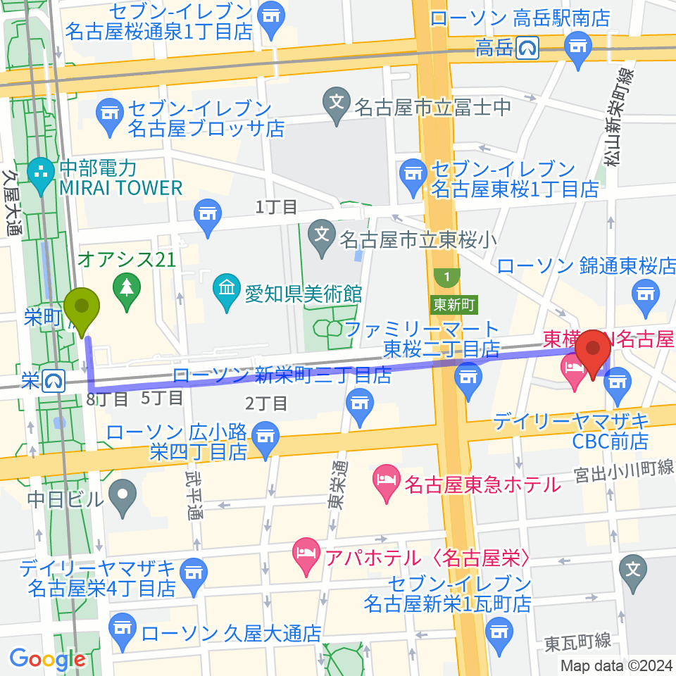 栄町駅から新栄DAYTRIVEへのルートマップ地図