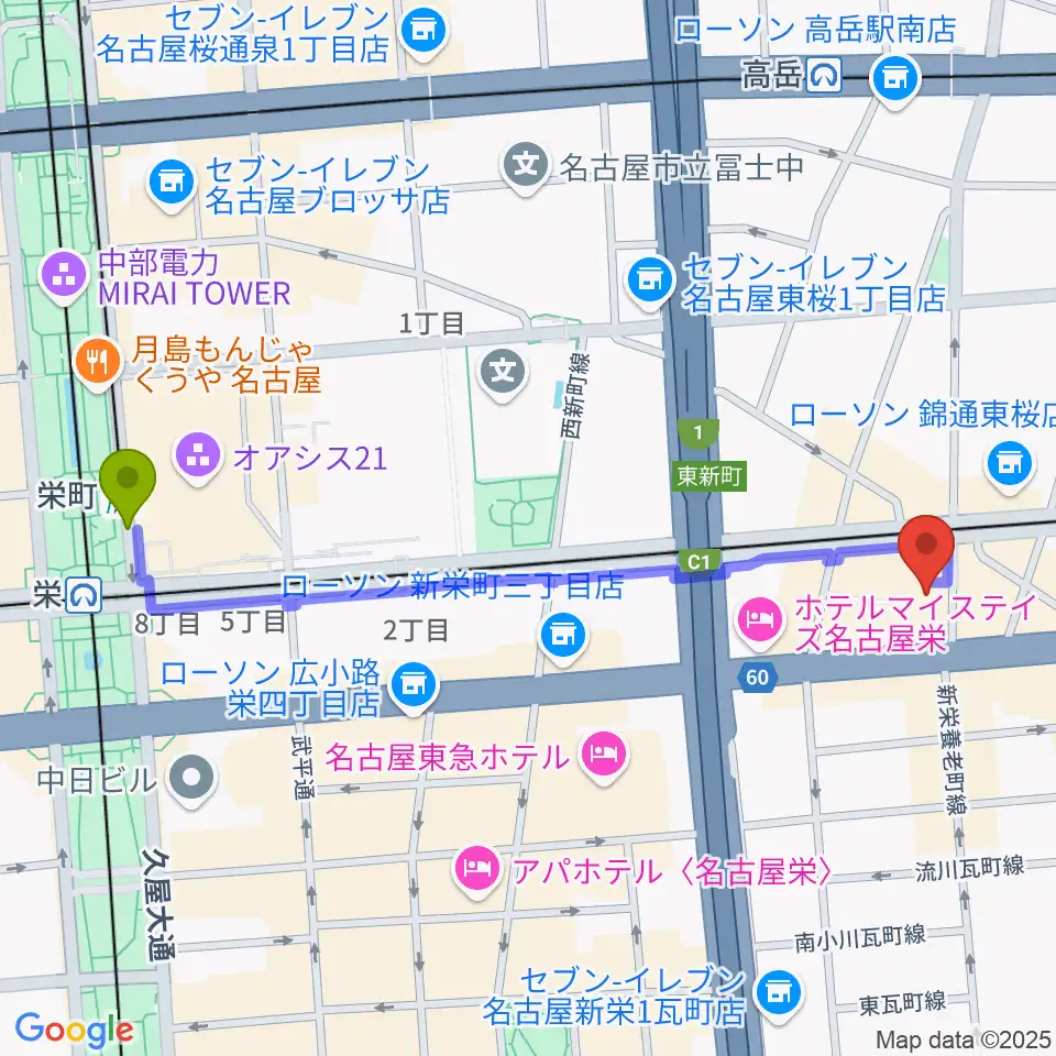栄町駅から新栄DAYTRIVEへのルートマップ地図