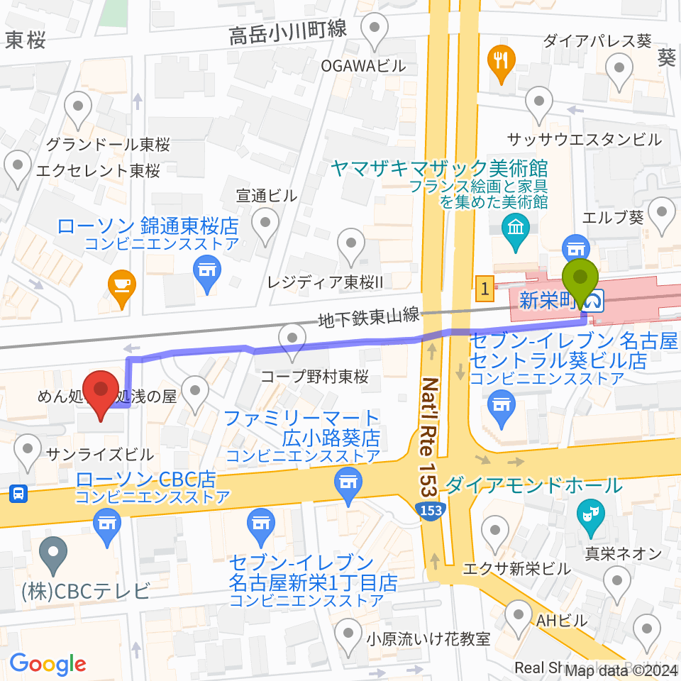 新栄DAYTRIVEの最寄駅新栄町駅からの徒歩ルート（約6分）地図