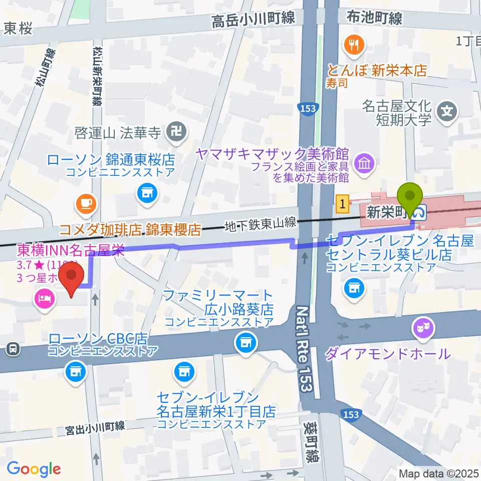 新栄DAYTRIVEの最寄駅新栄町駅からの徒歩ルート（約6分）地図