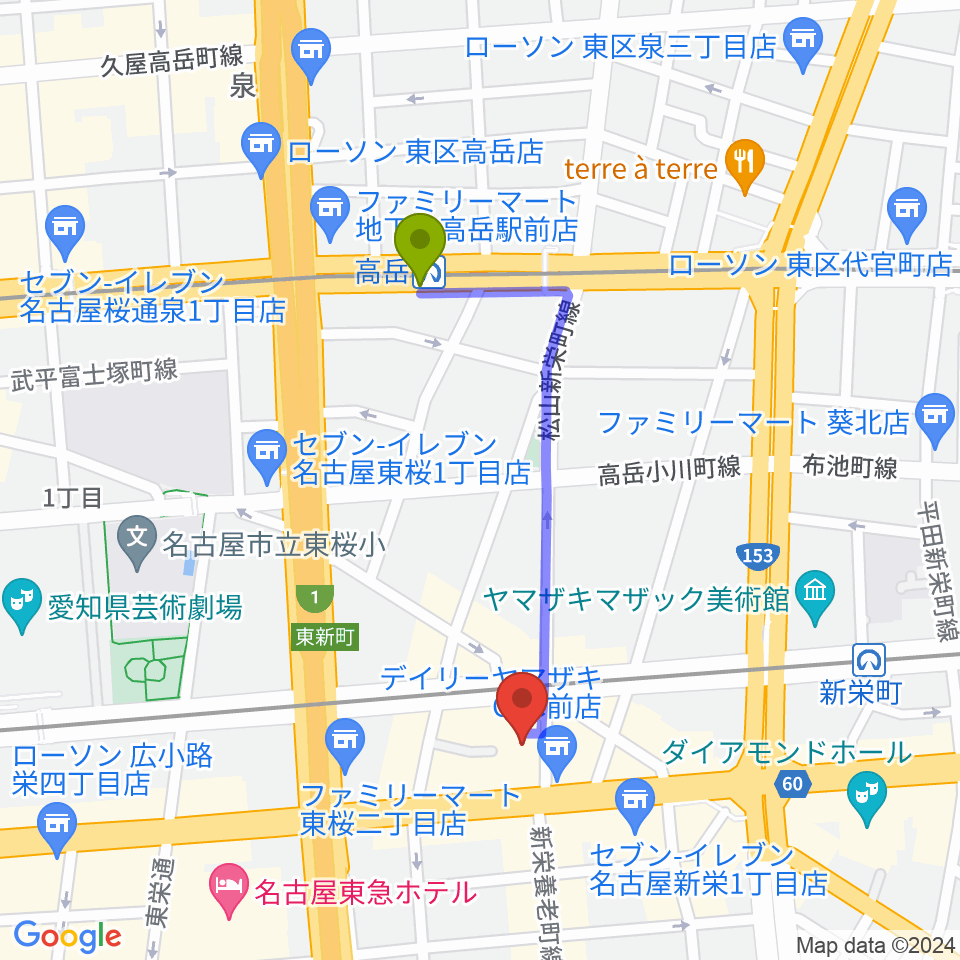 高岳駅から新栄DAYTRIVEへのルートマップ地図