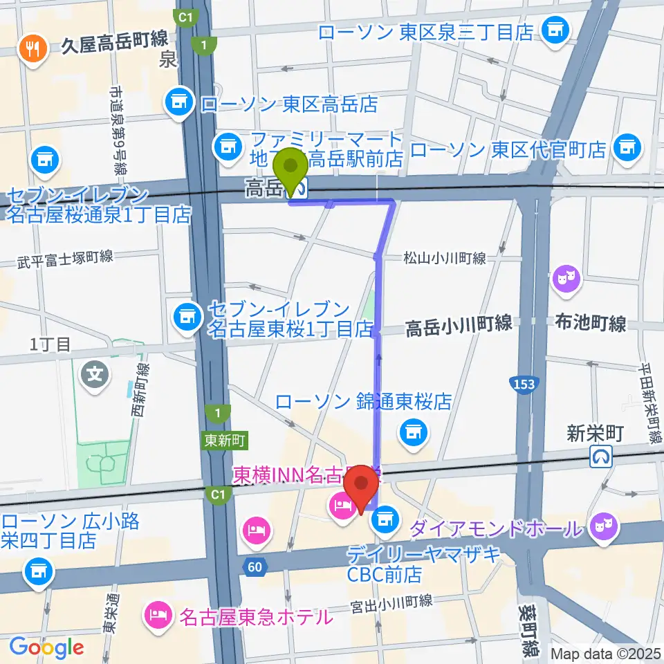 高岳駅から新栄DAYTRIVEへのルートマップ地図
