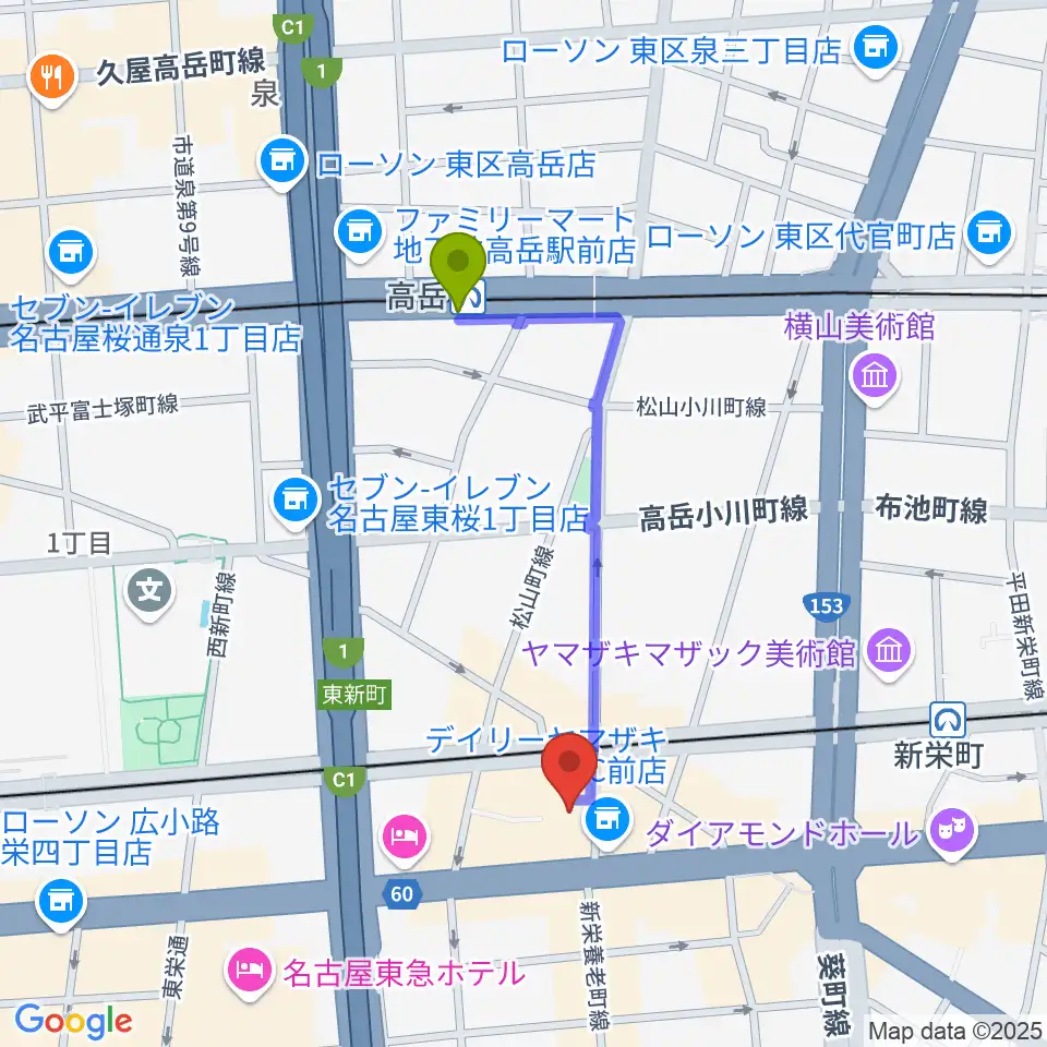 高岳駅から新栄DAYTRIVEへのルートマップ地図