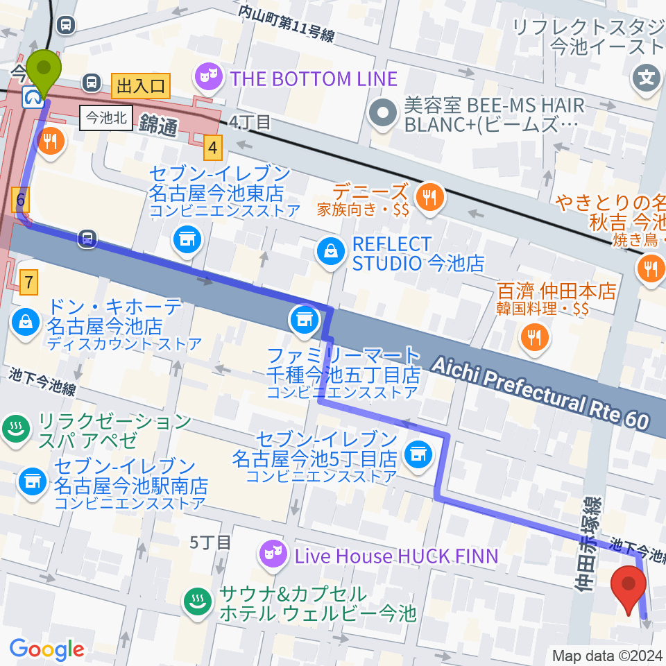 今池駅からArt＆MusicSpace 源へのルートマップ地図