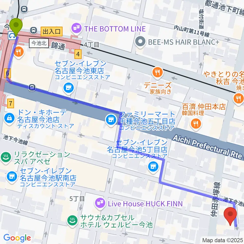 今池駅からArt＆MusicSpace 源へのルートマップ地図