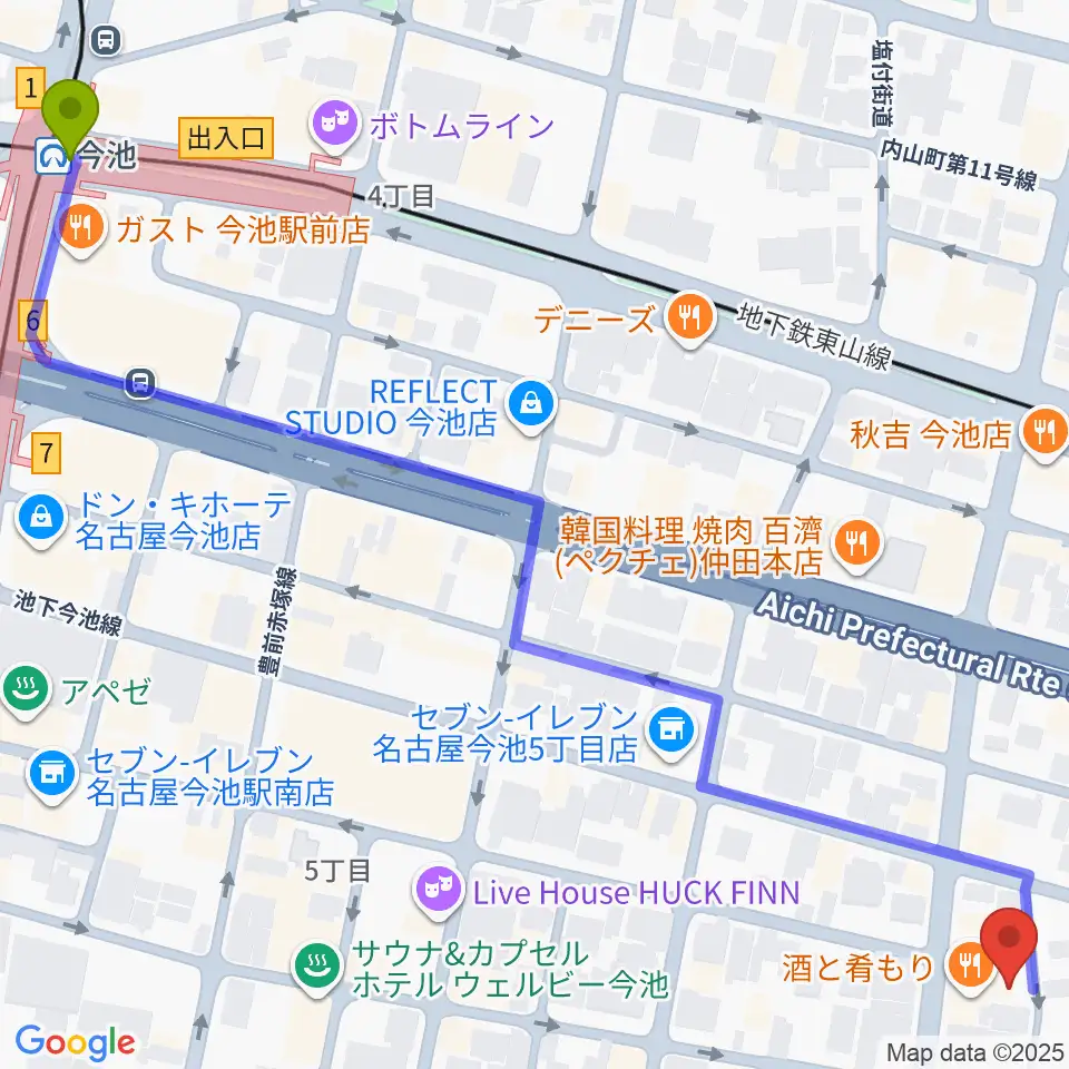 今池駅からArt＆MusicSpace 源へのルートマップ地図