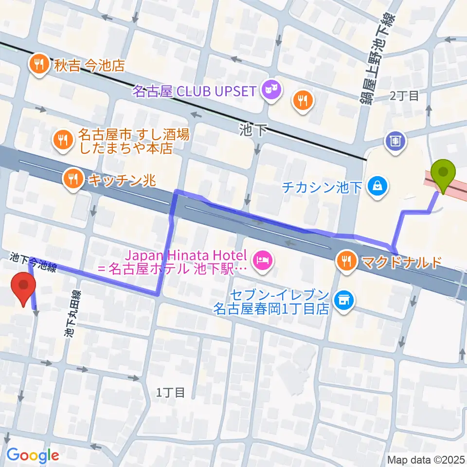 Art＆MusicSpace 源の最寄駅池下駅からの徒歩ルート（約7分）地図