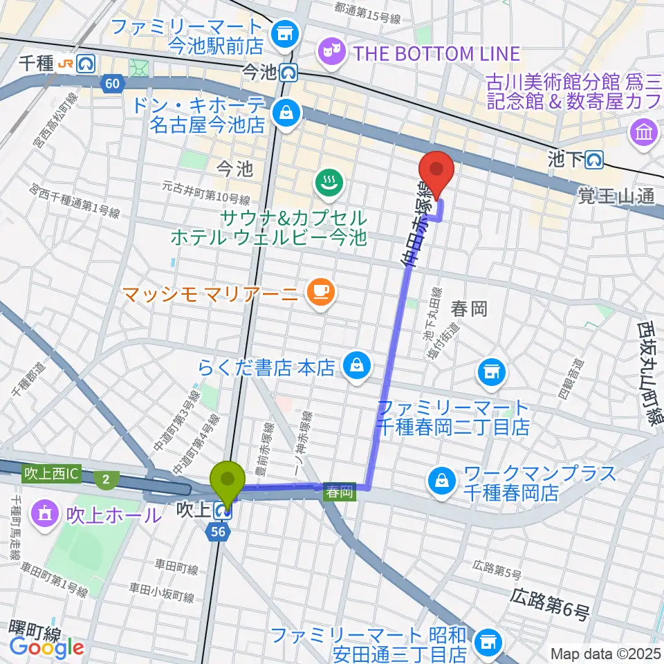 吹上駅からArt＆MusicSpace 源へのルートマップ地図