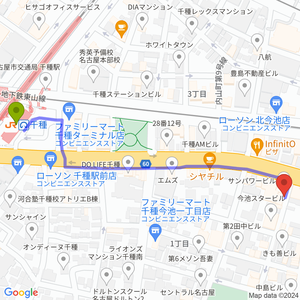 千種駅から今池TOKUZOへのルートマップ地図