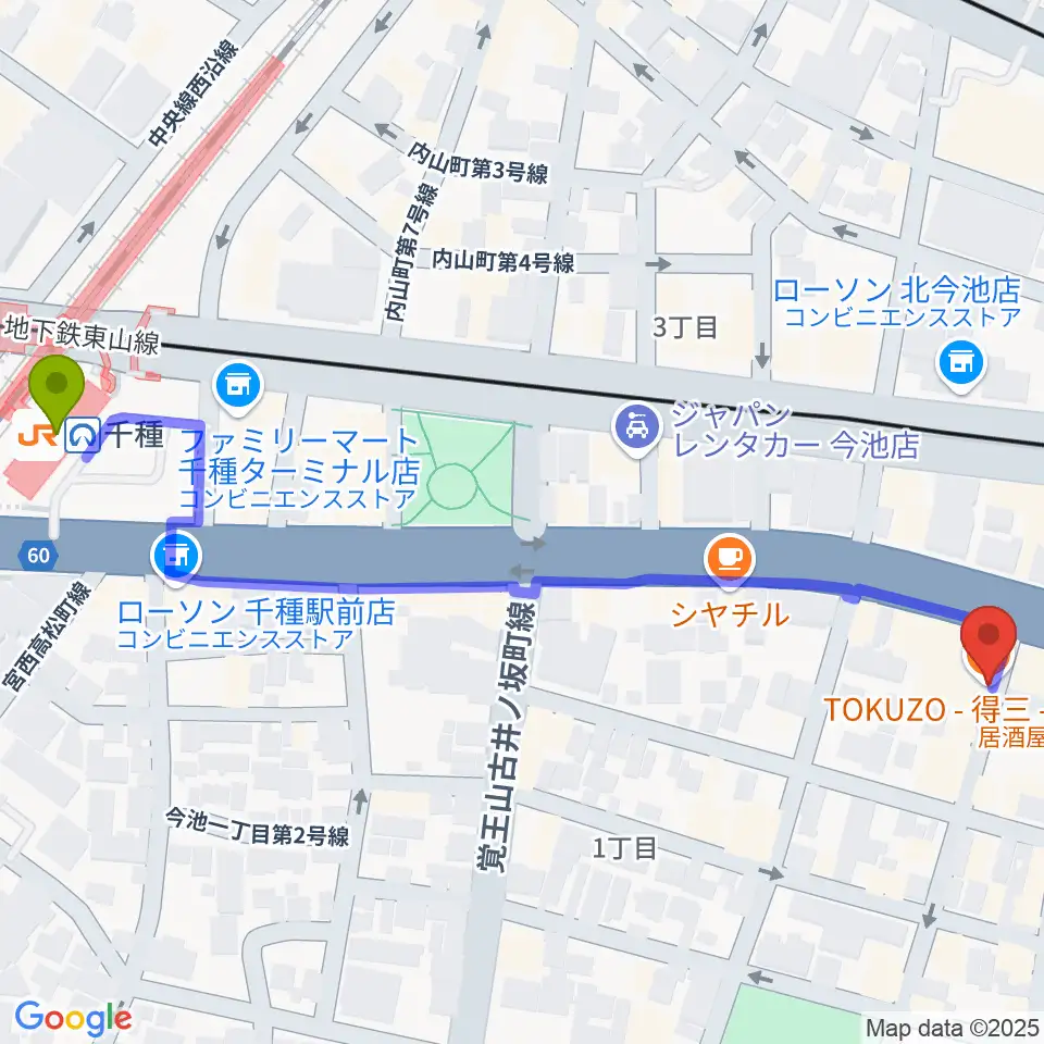 千種駅から今池TOKUZOへのルートマップ地図