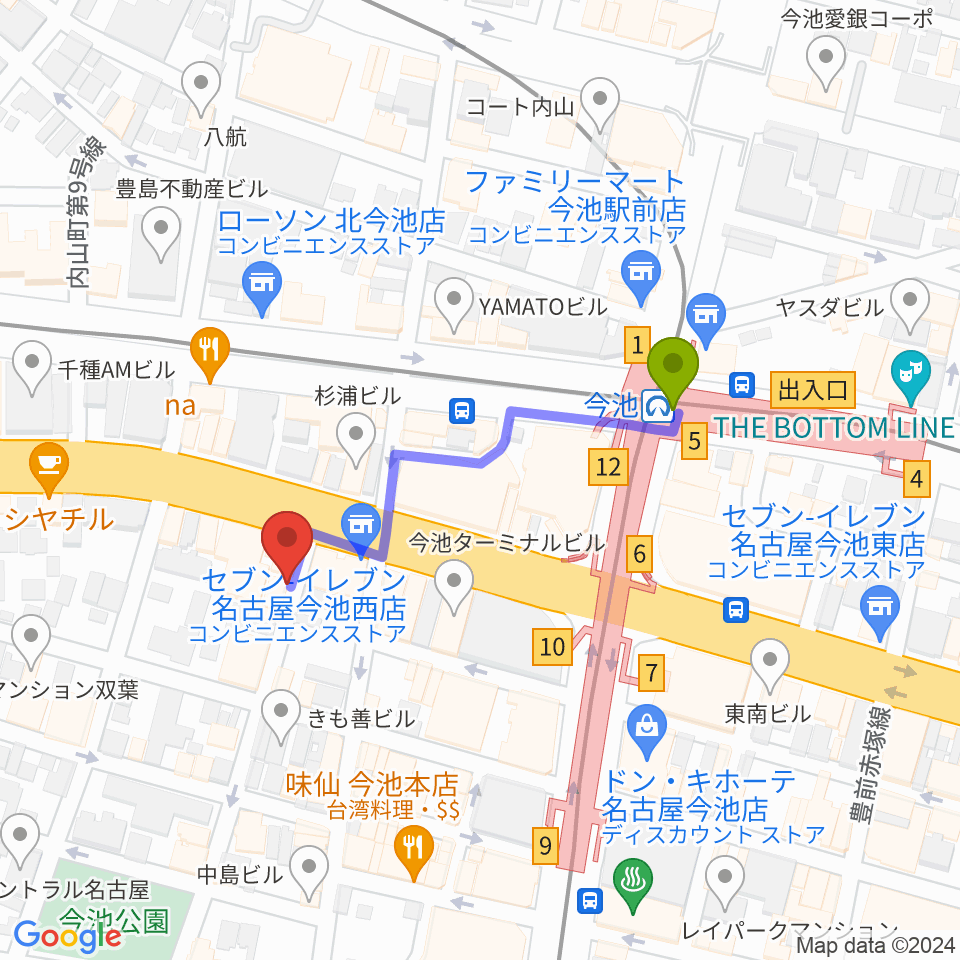今池TOKUZOの最寄駅今池駅からの徒歩ルート（約3分）地図